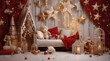 Beautiful photo zone with professional equipment and decorated Christmas tree fabulous feelingの素材