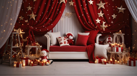 Beautiful photo zone with professional equipment and decorated Christmas tree fabulous feelingの素材