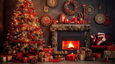 Beautiful photo zone with professional equipment and decorated Christmas tree fabulous feelingの素材