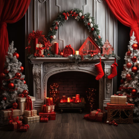 Beautiful photo zone with professional equipment and decorated Christmas tree fabulous feelingの素材