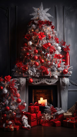 Beautiful photo zone with professional equipment and decorated Christmas tree fabulous feelingの素材