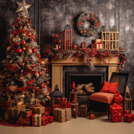 Beautiful photo zone with professional equipment and decorated Christmas tree fabulous feelingの素材