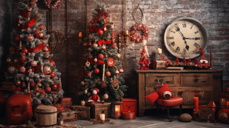 Beautiful photo zone with professional equipment and decorated Christmas tree fabulous feelingの素材