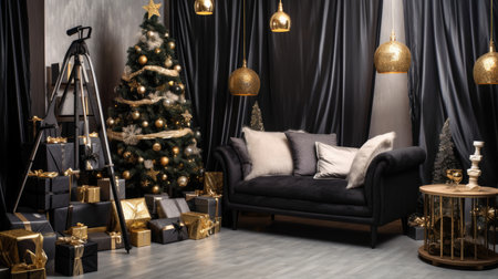 Beautiful photo zone with professional equipment and decorated Christmas tree fabulous feelingの素材