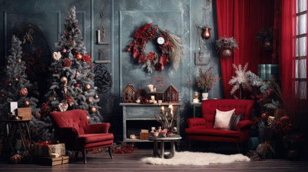 Beautiful photo zone with professional equipment and decorated Christmas tree fabulous feelingの素材