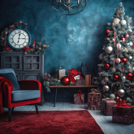 Beautiful photo zone with professional equipment and decorated Christmas tree fabulous feelingの素材