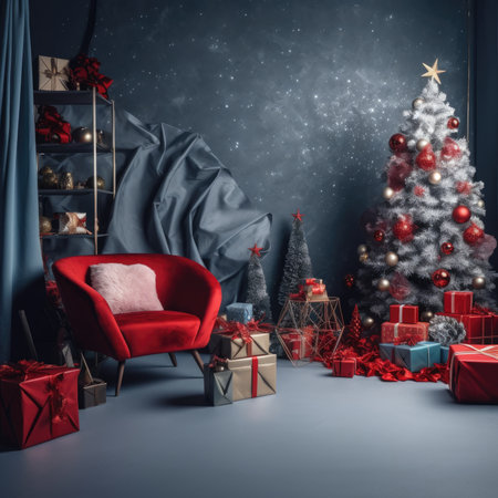 Beautiful photo zone with professional equipment and decorated Christmas tree fabulous feelingの素材