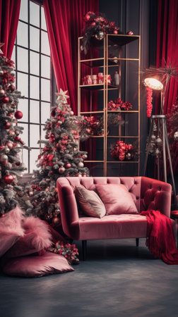 Beautiful photo zone with professional equipment and decorated Christmas tree fabulous feelingの素材