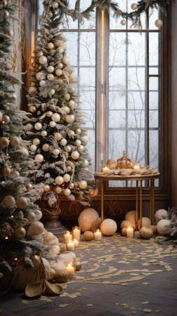 Beautiful photo zone with professional equipment and decorated Christmas tree fabulous feelingの素材