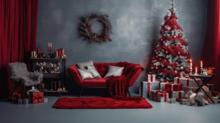 Beautiful photo zone with professional equipment and decorated Christmas tree fabulous feelingの素材