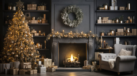 Beautiful photo zone with professional equipment and decorated Christmas tree fabulous feelingの素材