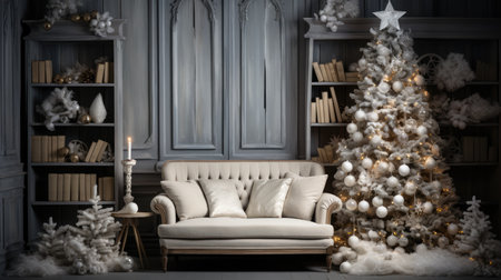 Beautiful photo zone with professional equipment and decorated Christmas tree fabulous feelingの素材