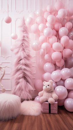 photo zone balloons Area for celebrating Christmas tree decorated with garlands and ball pink fluffyの素材