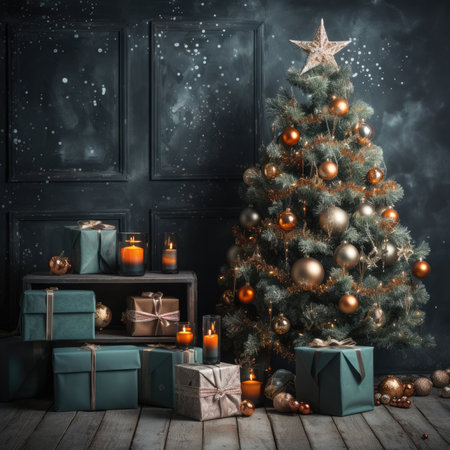Beautiful photo zone with professional equipment and decorated Christmas tree fabulous feelingの素材