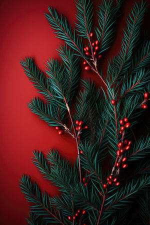 spruce branches pine cones concept Christmas tree decoration Promotion poster sale discount clipart red backgroundの素材