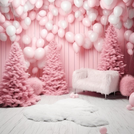 photo zone balloons Area for celebrating Christmas tree decorated with garlands and ball pink fluffyの素材