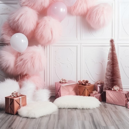 photo zone balloons Area for celebrating Christmas tree decorated with garlands and ball pink fluffyの素材