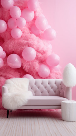 photo zone balloons Area for celebrating Christmas tree decorated with garlands and ball pink fluffyの素材