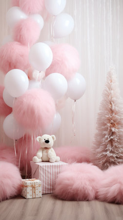 photo zone balloons Area for celebrating Christmas tree decorated with garlands and ball pink fluffyの素材