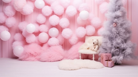 photo zone balloons Area for celebrating Christmas tree decorated with garlands and ball pink fluffyの素材