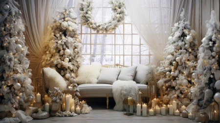 Beautiful photo zone with professional equipment and decorated Christmas tree fabulous feelingの素材