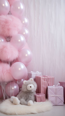 photo zone balloons Area for celebrating Christmas tree decorated with garlands and ball pink fluffyの素材