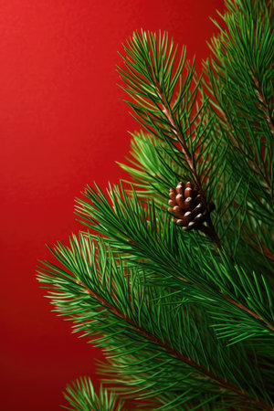 spruce branches pine cones concept Christmas tree decoration Promotion poster sale discount clipart red backgroundの素材