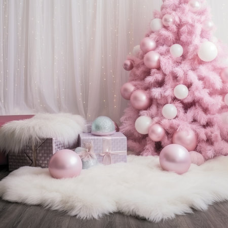 photo zone balloons Area for celebrating Christmas tree decorated with garlands and ball pink fluffyの素材