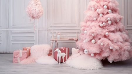 photo zone balloons Area for celebrating Christmas tree decorated with garlands and ball pink fluffyの素材
