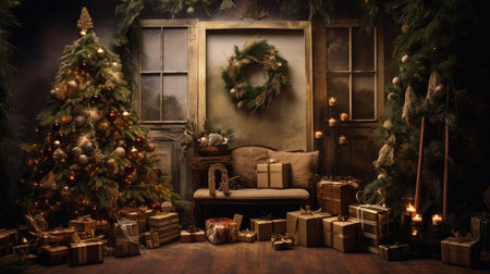 Beautiful photo zone with professional equipment and decorated Christmas tree fabulous feelingの素材