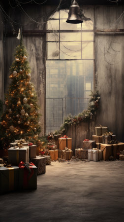Beautiful photo zone with professional equipment and decorated Christmas tree fabulous feelingの素材
