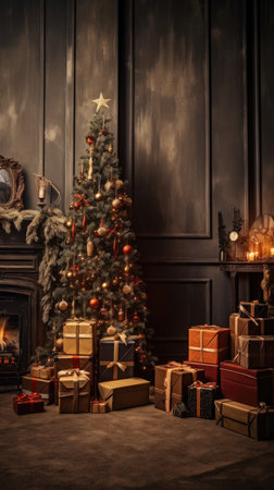 Beautiful photo zone with professional equipment and decorated Christmas tree fabulous feelingの素材
