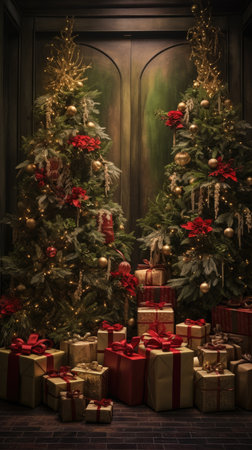 Beautiful photo zone with professional equipment and decorated Christmas tree fabulous feelingの素材