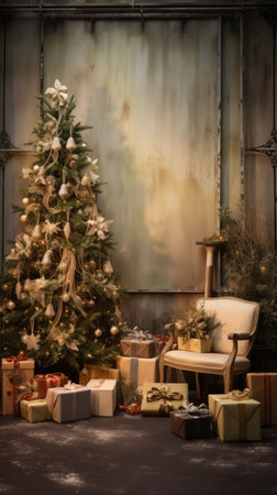 Beautiful photo zone with professional equipment and decorated Christmas tree fabulous feelingの素材