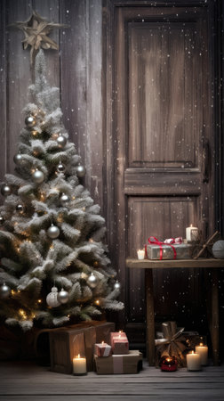 Beautiful photo zone with professional equipment and decorated Christmas tree fabulous feelingの素材