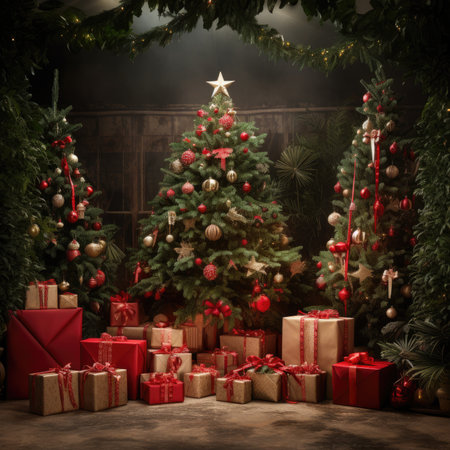 Beautiful photo zone with professional equipment and decorated Christmas tree fabulous feelingの素材