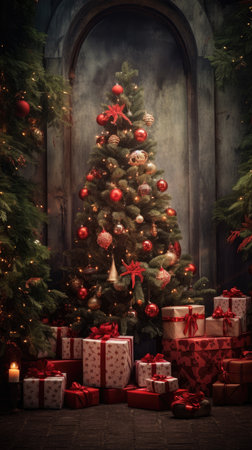 Beautiful photo zone with professional equipment and decorated Christmas tree fabulous feelingの素材