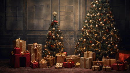 Beautiful photo zone with professional equipment and decorated Christmas tree fabulous feelingの素材