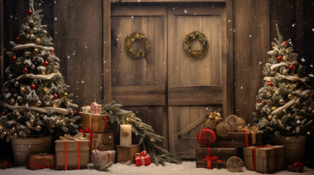 Beautiful photo zone with professional equipment and decorated Christmas tree fabulous feelingの素材