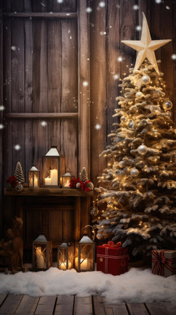 Beautiful photo zone with professional equipment and decorated Christmas tree fabulous feelingの素材