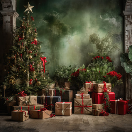Beautiful photo zone with professional equipment and decorated Christmas tree fabulous feelingの素材