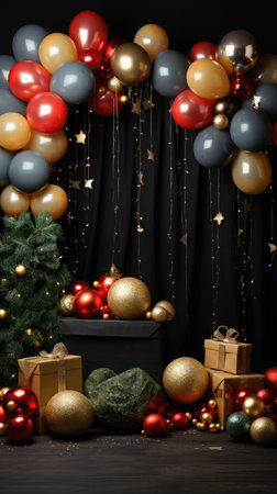 photo zone balloons Area for celebrating Christmas tree decorated with garlands and ball pink fluffyの素材