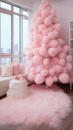 photo zone balloons Area for celebrating Christmas tree decorated with garlands and ball pink fluffyの素材