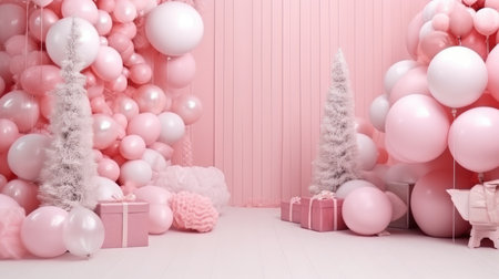 photo zone balloons Area for celebrating Christmas tree decorated with garlands and ball pink fluffyの素材