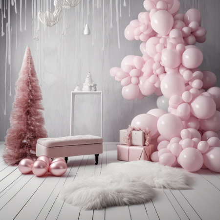 photo zone balloons Area for celebrating Christmas tree decorated with garlands and ball pink fluffyの素材