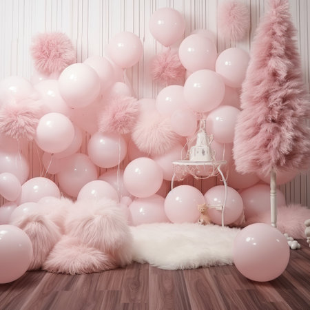 photo zone balloons Area for celebrating Christmas tree decorated with garlands and ball pink fluffyの素材