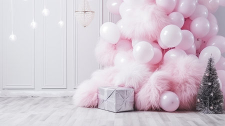photo zone balloons Area for celebrating Christmas tree decorated with garlands and ball pink fluffyの素材