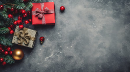 Christmas background fir twigs red berries cones Xmas lights abstract text space gifts texture shine clipartの素材