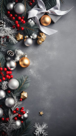 Christmas background fir twigs red berries cones Xmas lights abstract text space gifts texture shine clipartの素材