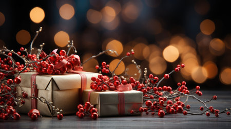 Christmas background fir twigs red berries cones Xmas lights abstract text space gifts texture shine clipartの素材